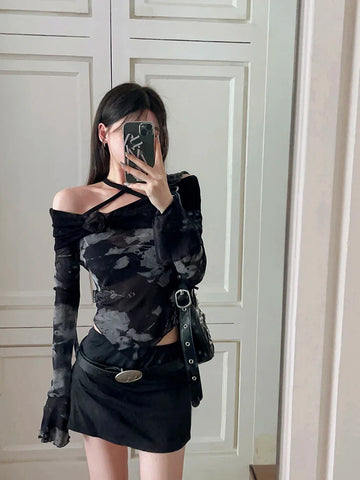 Voguable Harajuku Retro Tie Dye Mesh Tops Flare Sleeve Lace Up T Shirt Y2k Vintage Crop Tops Streetwear Japanese 2000s E Girls Top