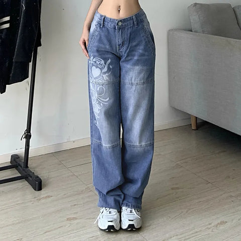 Harajuku printed Cargo Jeans Y2K Dark Blue brown High Waist Streetwear 90S Baggy Jeans Pants Straight wide leg jeans