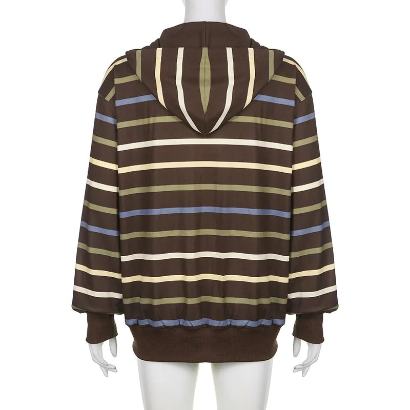 Simple Color Contrast Striped Y2k Zipper Drawstring Hoodie Coat European And American Trend Wear