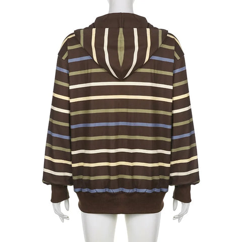 Simple Color Contrast Striped Y2k Zipper Drawstring Hoodie Coat European And American Trend Wear