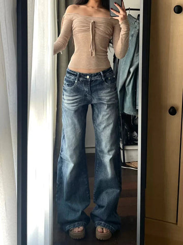 Voguable Y2k Vintage Wide Leg Jeans for Washed Casual High Waist Loose Denim Pants Streetwear Korean Straight Trousers