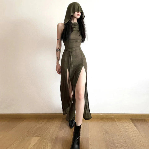 Wasteland Punk Dress y2k Solid Color Sleeveless Hollow Out Back Side Slit Hooded Dress 2000s Grunge Party Dresses