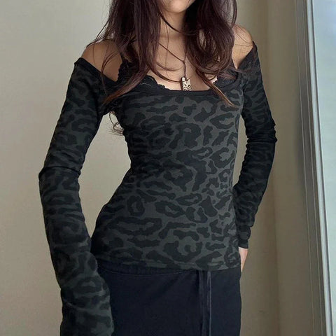 Leopard Print Black T Shirt Lace Patchwork Full Sleeve Tee y2k Chic Off-shoulder Cropped Top Vintage 2000s Clothing