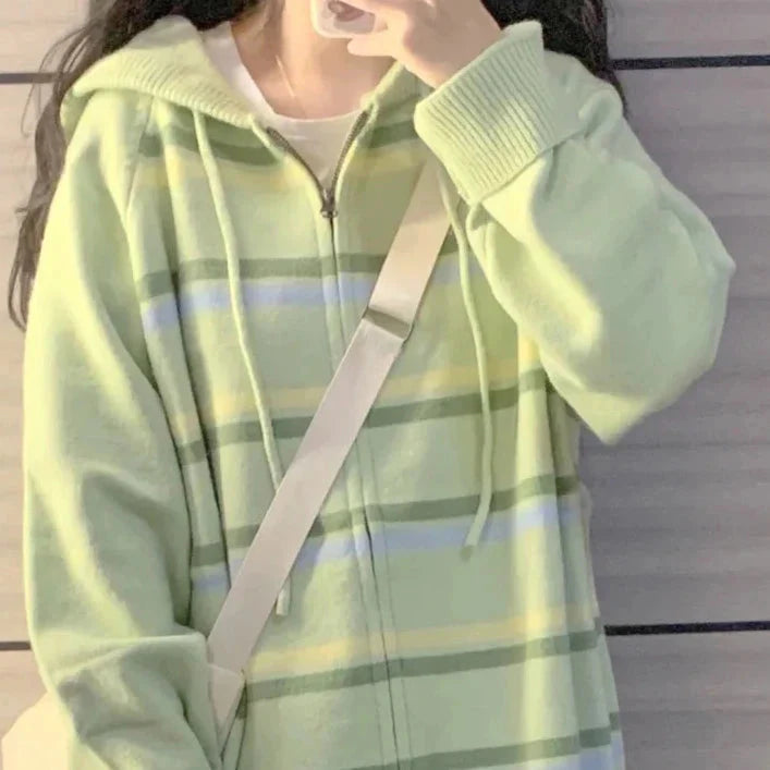 Y2k Aesthetic Stripe Hoodes Cardigans Double Zipper Casual Knitwear Harajuku Ladies Jacket Vintage Loose Grunge Sweater
