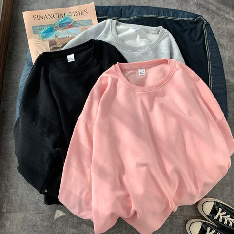 Solid Loose Round Neck Sweater Korean Y2k Full Sleeve Pullover Sweater Round Neck Casual Tops