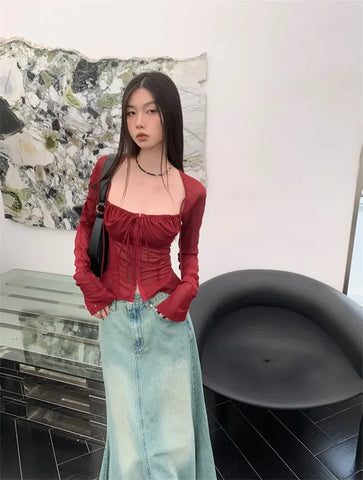 Voguable Burgundy Mesh Tops Long Sleeve Lace Up Square Collar T Shirt Crop Top Grunge Y2k  Chic Tops Streetwear