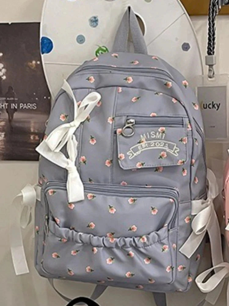 Korean Bow Chic Flower Print Backpack High-capacity Sweet Kawaii Schoolbags Casual Preppy Y2k Students Backpacks