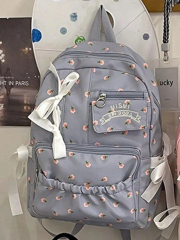 Korean Bow Chic Flower Print Backpack High-capacity Sweet Kawaii Schoolbags Casual Preppy Y2k Students Backpacks