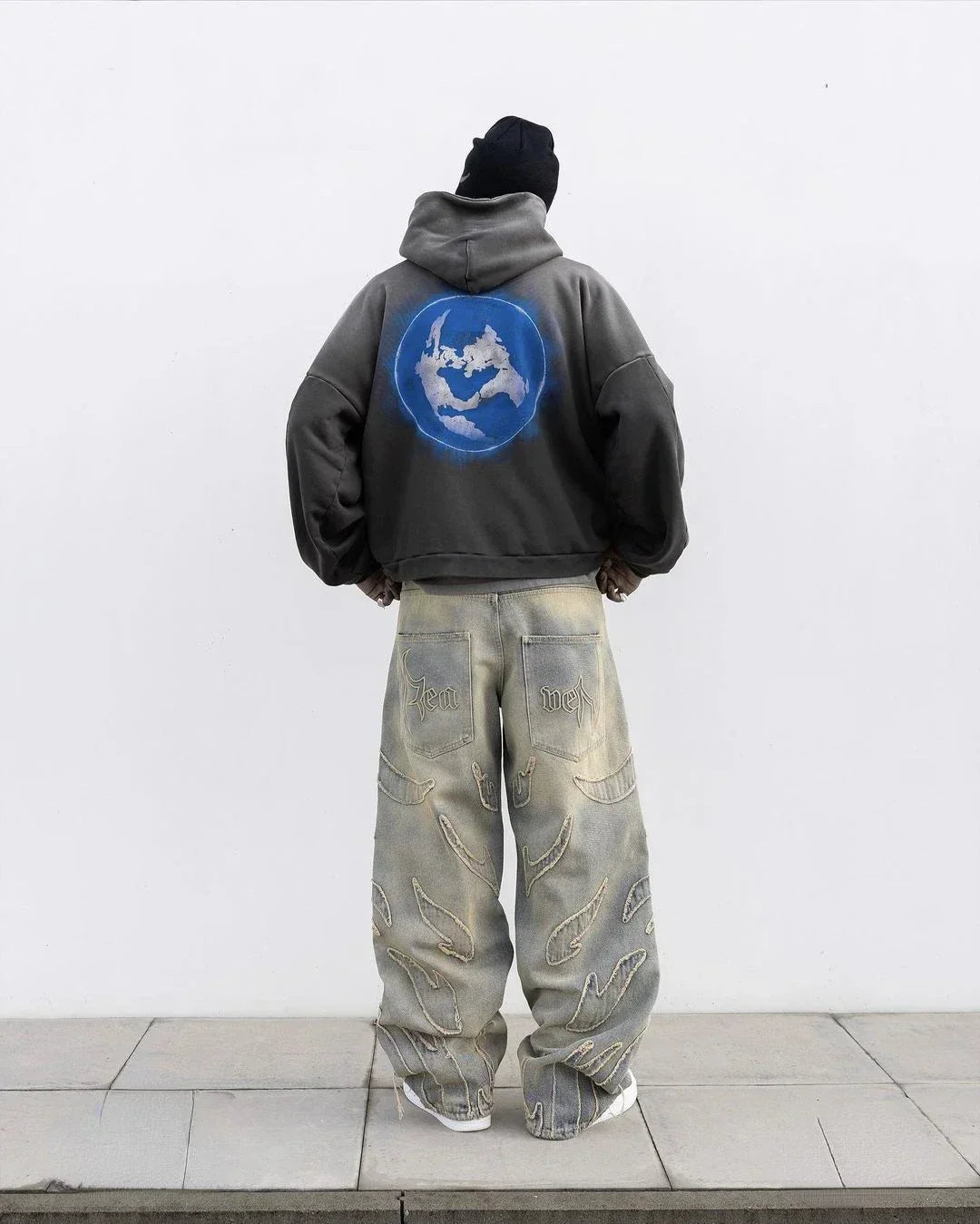 Vintage Raw Edge Embroidery Denim Pants Streetwear Distressed Patchwork Baggy Jeans for Y2k Straight Wide Leg Trousers