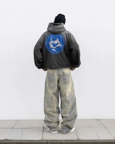 Vintage Raw Edge Embroidery Denim Pants Streetwear Distressed Patchwork Baggy Jeans for Y2k Straight Wide Leg Trousers