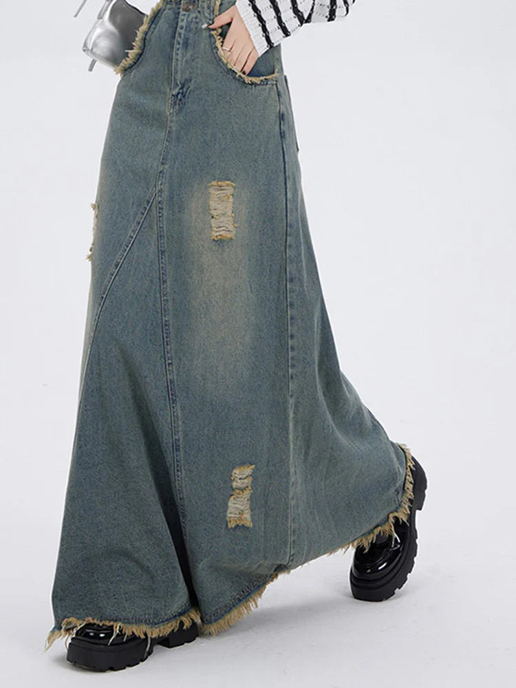 Ripped Denim Skirt for High Waisted Slit Cut Chic A-Line Long Skirt Basic Vintage Y2k Pocket Korean Skirt