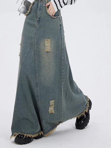 Ripped Denim Skirt for High Waisted Slit Cut Chic A-Line Long Skirt Basic Vintage Y2k Pocket Korean Skirt