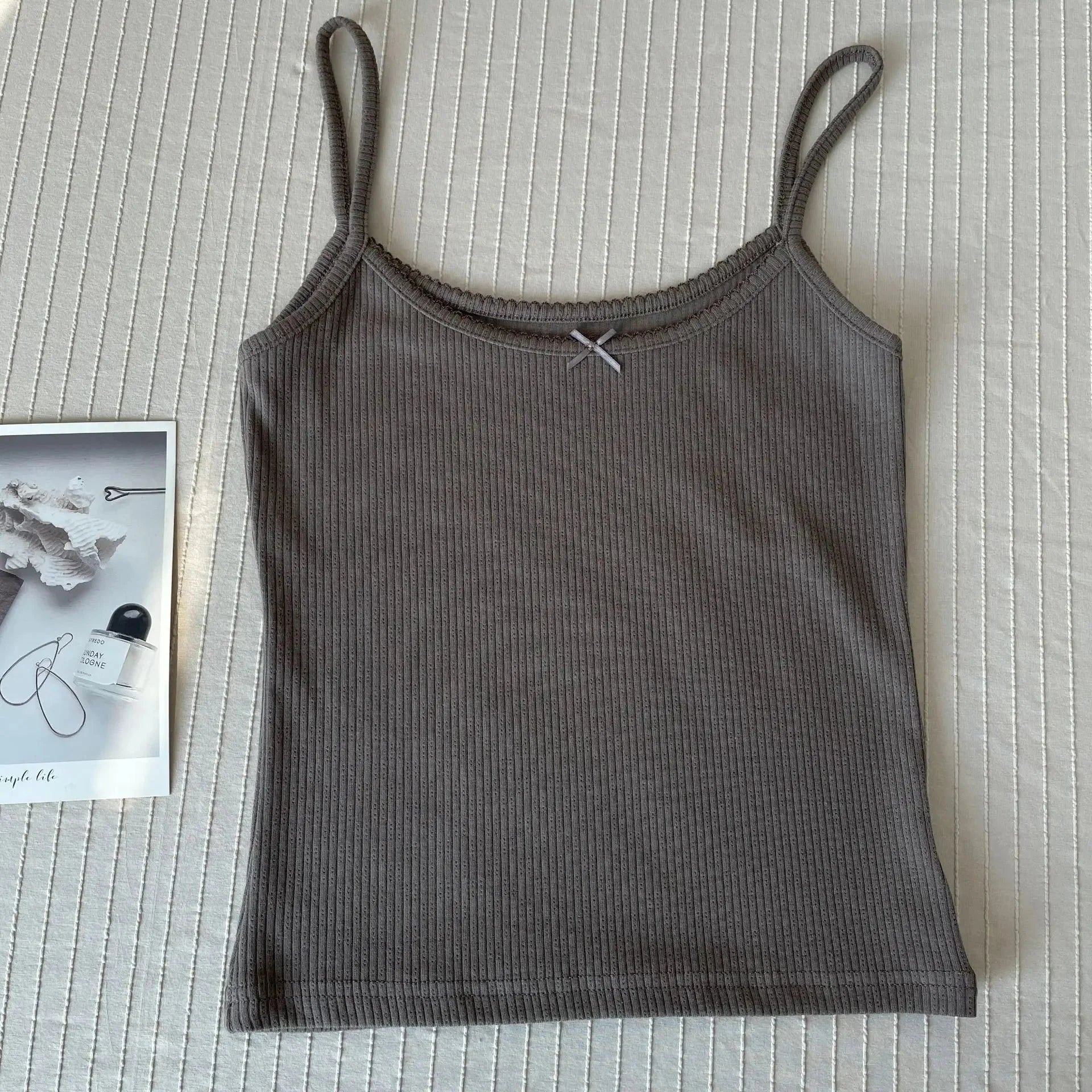Floral Eyelet Bow Cotton Crop Tops Lace Trim Sleeveless Slim Tank Top Preppy Style Sweet Camisole Y2k Clothes