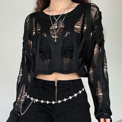 Hole Hollow Out Y2K T-shirts Batwing Sleeve Knitted Shirt For Loose Streetwear Tops