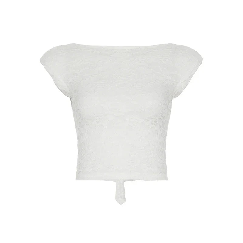 Y2K Lace Patchwork T Shirt French Backless Lace-Up Short Sleeve White Crop Tops FeSlim Bottoming Tees