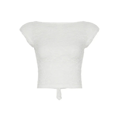 Y2K Lace Patchwork T Shirt French Backless Lace-Up Short Sleeve White Crop Tops FeSlim Bottoming Tees