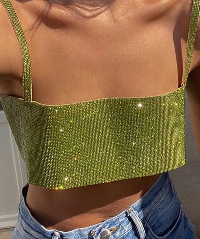 Glitter Club Crop Top Off Shoulder Tank Cami Clothing Super Short Party Night Shiny Bling Sleeveless Tube Tops Y2K