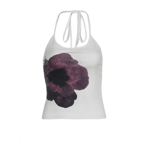 Voguable  Vintage Flower Print Halter Top Y2K Aesthetic Sleeveless Tops Holiday Party Korean Style Coquette Camisole