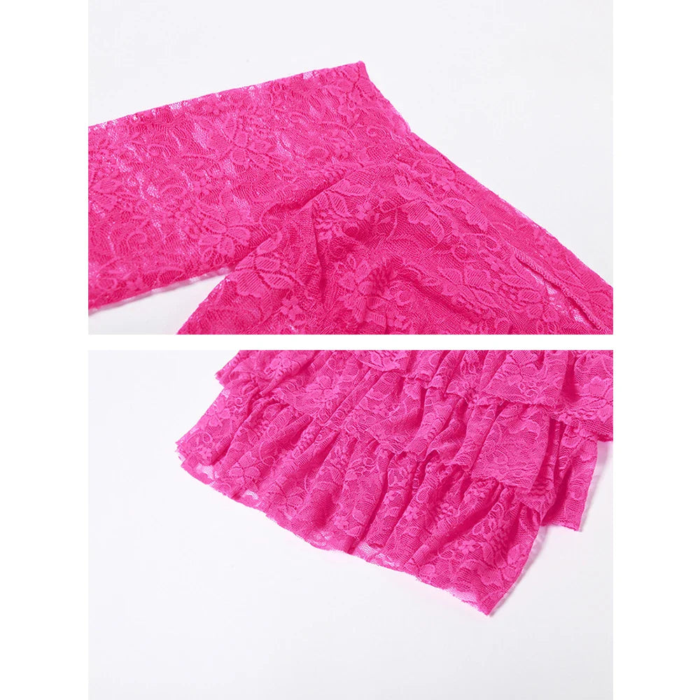 Sheer Lace Pink Two Piece Set Tiered Mini Skirt And Top Y2k Chic Outfits for Long Sleeve Dresses