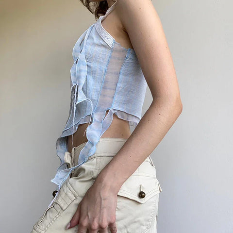 Voguable Kawaii Lace Stitching V-neck Striped Irregular Crop Top Baby Blue Fairy Button-up Sleeveless Top Y2K Japanese Style Top
