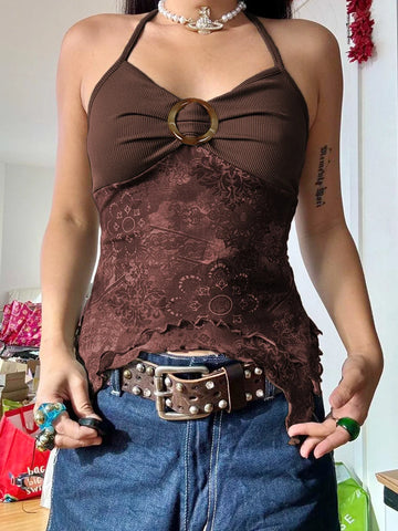 Voguable Boho Vintage Print Mesh Patchwork Crop Top V Neck Camis Y2K Streetwear FeCoquette Aesthetic Clothes