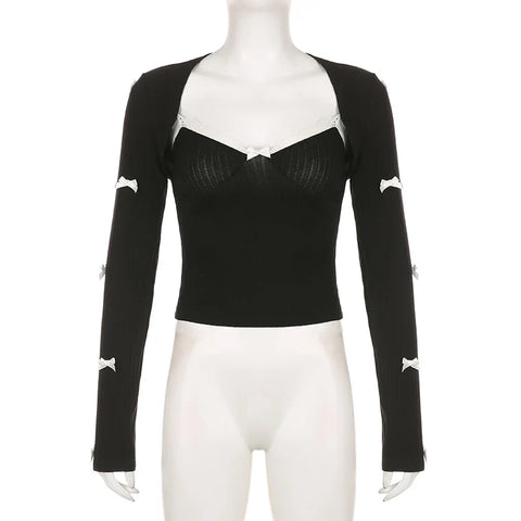 Voguable Sweet Multi-bow Jacquard Knit Pullovers and Cami Two Piece Set y2k Aesthetic Lace Patchwork Crop Top Suit