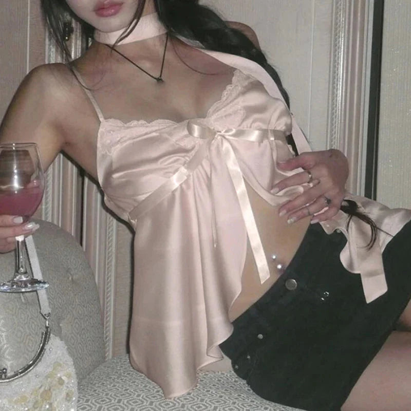Kawaii Bandage Lace Pink Camisole Sweet Patchwork Satin Crop Tops with Slit y2k Vintage Tank Tops Cute