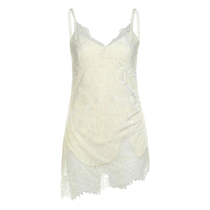 Lace Patchwork V-Neck Camis Y2K Spaghetti Straps Sleeveless Tank Korean Irregular FeVest