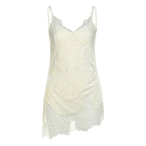 Lace Patchwork V-Neck Camis Y2K Spaghetti Straps Sleeveless Tank Korean Irregular FeVest