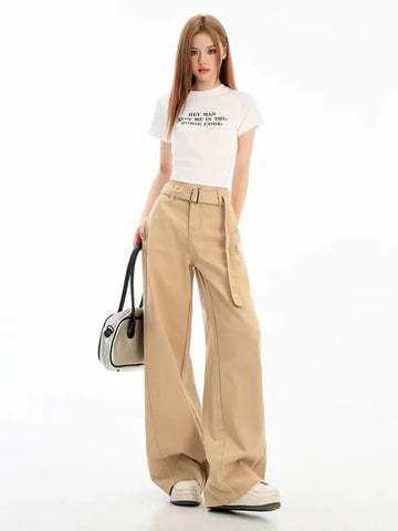 Belt Retro Khaki Jeans Y2K High Waist Loose Streetwear Denim Pants Casual American Vintage Wide Leg Trousers