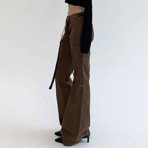 Voguable  Casual Basics Flare Jeans Brown Black All-match Street Style Boot Cut Denim Pants High Waist Vintage Trousers Y2K