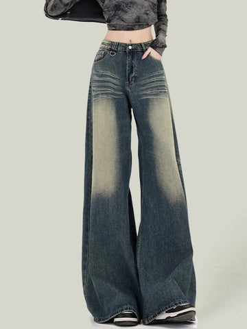 Streetwear Retro Jeans Loose High Waist Y2K Denim Pants Casual American Harajuku Fall FePockets Wide Leg Trousers New