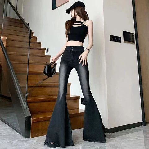 Y2K Vintage Raw Edge Flare Jeans Korean High Waist Slim Denim Pants Solid Hip Hop Streetwear All Match Wide Leg Trousers