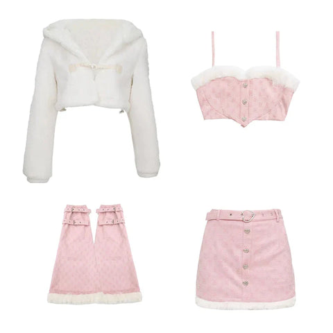 Japanese Pink Kawaii 4 Pieces Set Belt Patchwork Elegant Sweet Skirt Suit FeKorean Party Casual Y2k Set