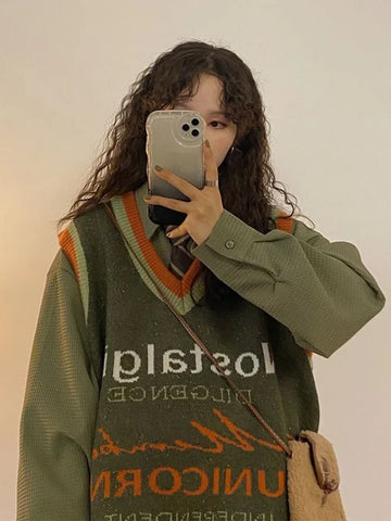 Voguable Vintage Harajuku Letter Knitted Vest Preppy Style Loose Bf Y2K Tops Japan Loose All Match V Neck Casual Sweater Vest