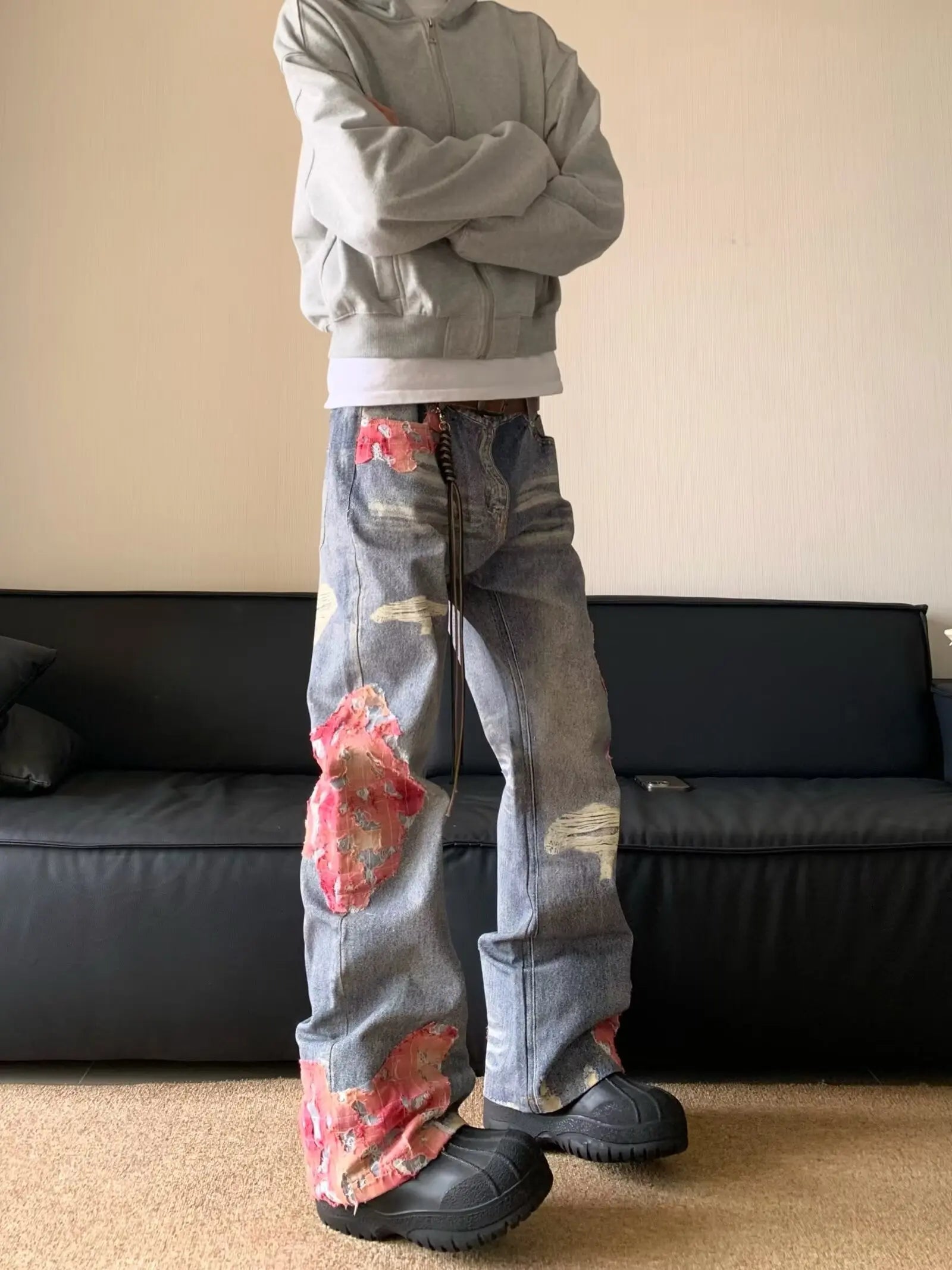Hip Hop Ripped Wide Leg Trousers American casual jeans  Y2K washed distressed High Waist Baggy Straight demin pants