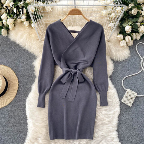 Y2K Casual Vestidos Dress  Winter Bodycon Knitted Sweater Dress Elegant  Office Ladies Dress