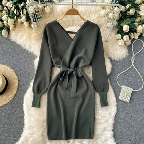 Y2K Casual Vestidos Dress  Winter Bodycon Knitted Sweater Dress Elegant  Office Ladies Dress
