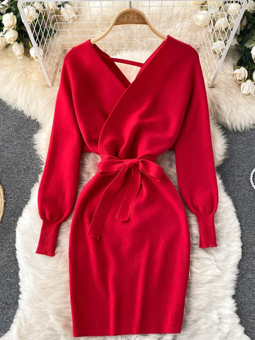 Y2K Casual Vestidos Dress  Winter Bodycon Knitted Sweater Dress Elegant  Office Ladies Dress