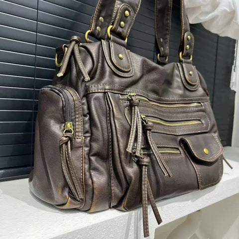 Y2K Girl Single Shoulder Crossbody Bag Vintage Washed Leather Motorcycle Bag Large Capacity Multi Pocket Bag