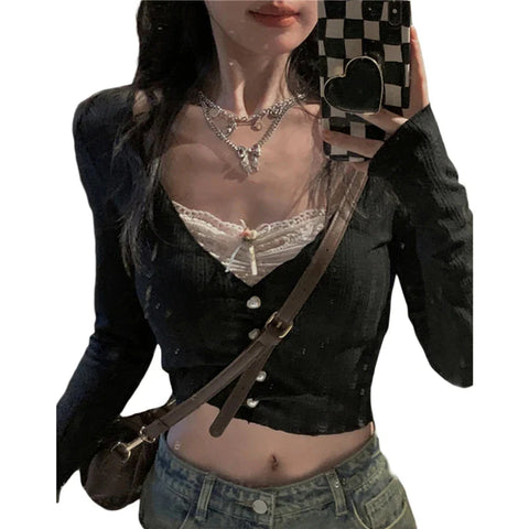 y2k Crop Top Sweet Aesthetic Clothes Lace Patchwork Long Sleeve T Shirt with Bow Decor 2000s Clothing Streetwear