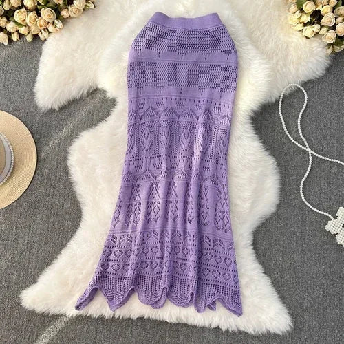Voguable Boho Retro Holiday Long Skirts Y2k Crochet Hollow Out FeTrumpet Skirt Ladies Elegant Skirt