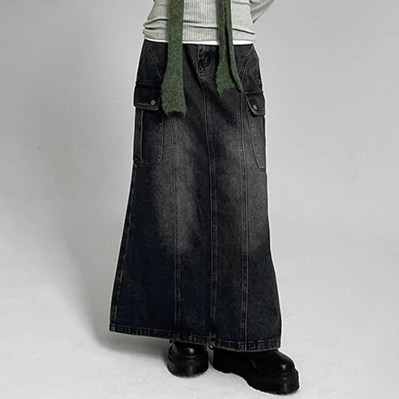 Voguable Vintage Pocket Split Washed Denim Maxi Skirt High Waist Y2K Streetwear Long Skirts Harajuku Korean Fairy Grunge