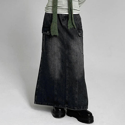 Voguable Vintage Pocket Split Washed Denim Maxi Skirt High Waist Y2K Streetwear Long Skirts Harajuku Korean Fairy Grunge