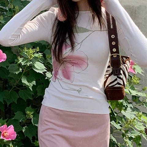 Fairy Coquette Top y2k Clothing Rhinestone Floral Print Round Neck Long Sleeve T Shirts 2000s Clothes Streetwear