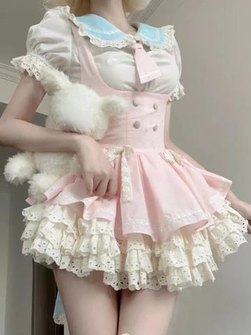 Voguable Lolita Kawaii 2 Piece Sets Cute Slim Blouse Blouse + Sweet Lace Sleeveless Y2k Mini Dress Japanese Style Suit