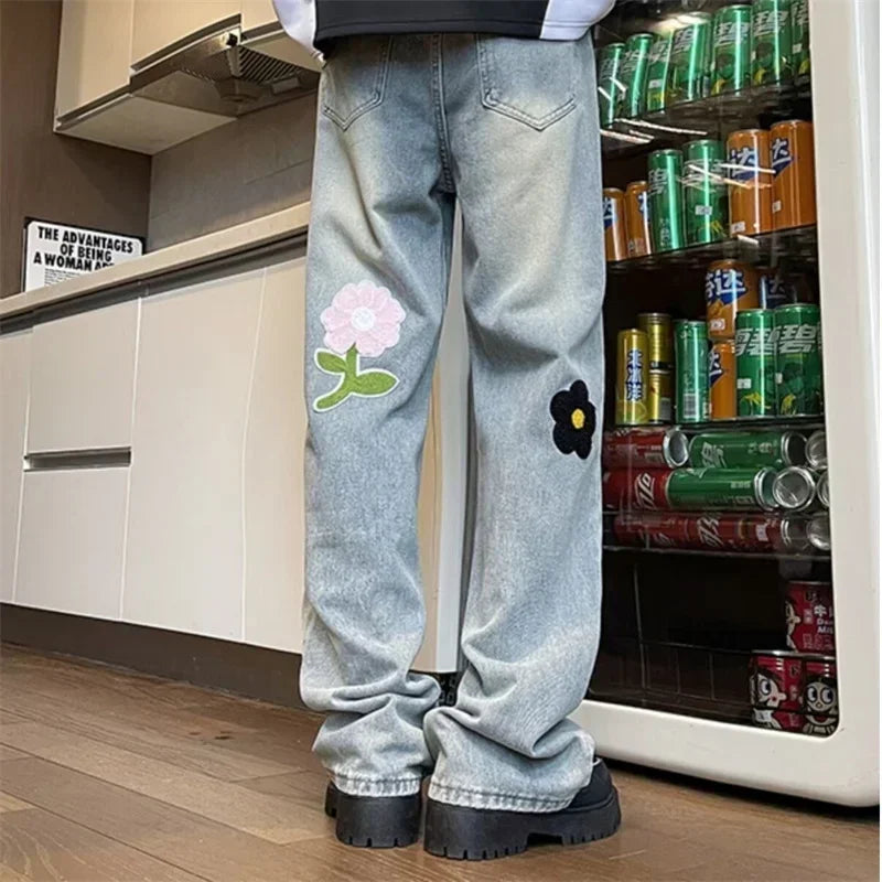 Y2K Vintage Flower Embroidered Jeans For High Street Baggy Straight Wide Leg Denim Pants Design Hip Hop Jean
