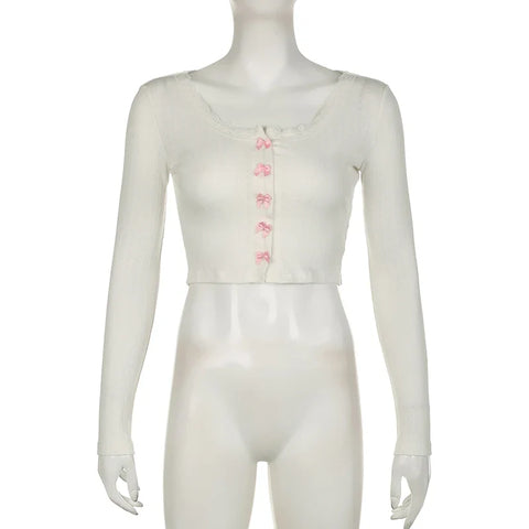 Voguable  Kawaii Multi Bow Single-breasted Knitted Top Solid Japanese Lolita Style Cropped Tops Sweet Barbiecore T-shirt y2k Tees