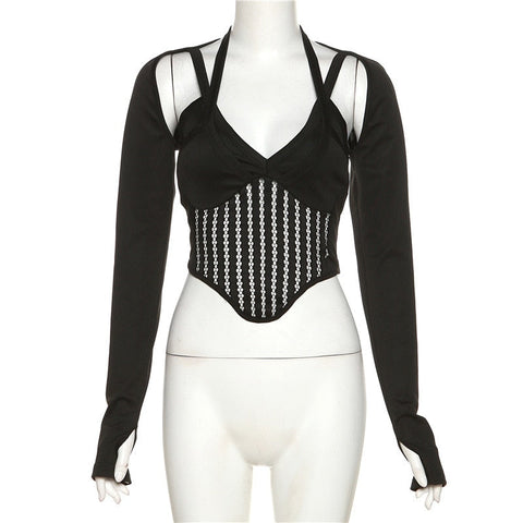 Halter Crop Top Long Sleeve Cut Out T Shirt Y2k V Neck T Shirts Crop Cami Top Bustier Corset Tank Camisole Tops