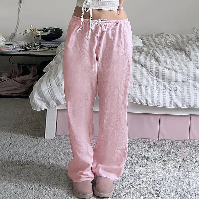 Drawstring Low Rise Pink Casual Pants y2k Basic See Through Pants y2k Aesthetic Straight Trousers for Korean Style